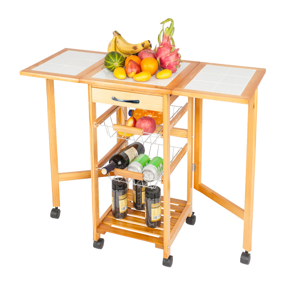 Free shipping Portable Rolling Drop Leaf Kitchen Storage Trolley Cart Island Sapele Color  YJ