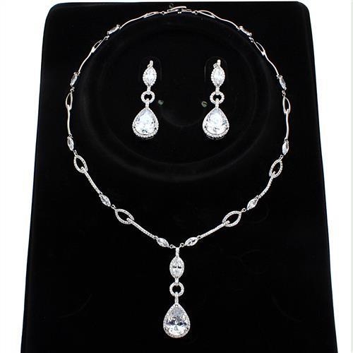 3W1247 - Rhodium Brass Jewelry Sets with AAA Grade CZ in Clear