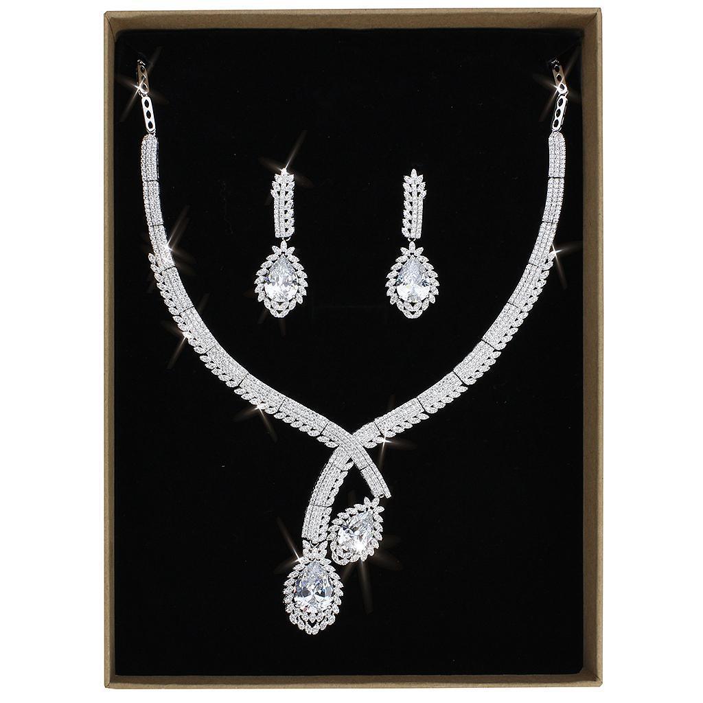 3W1416 - Rhodium Brass Jewelry Sets with AAA Grade CZ in Clear