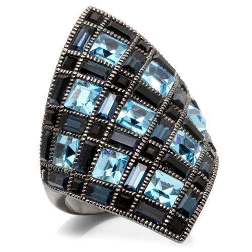 0W235 - Ruthenium Brass Ring with Top Grade Crystal in Sea Blue