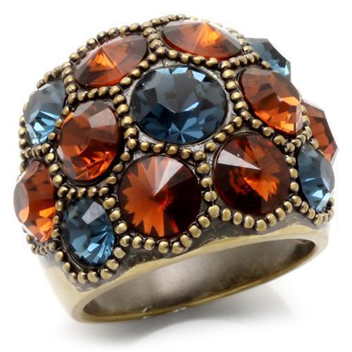 0W234 - Antique Copper Brass Ring with Top Grade Crystal in Multi Color