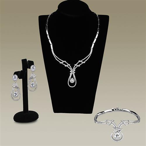 3W1095 - Rhodium Brass Jewelry Sets with AAA Grade CZ in Clear