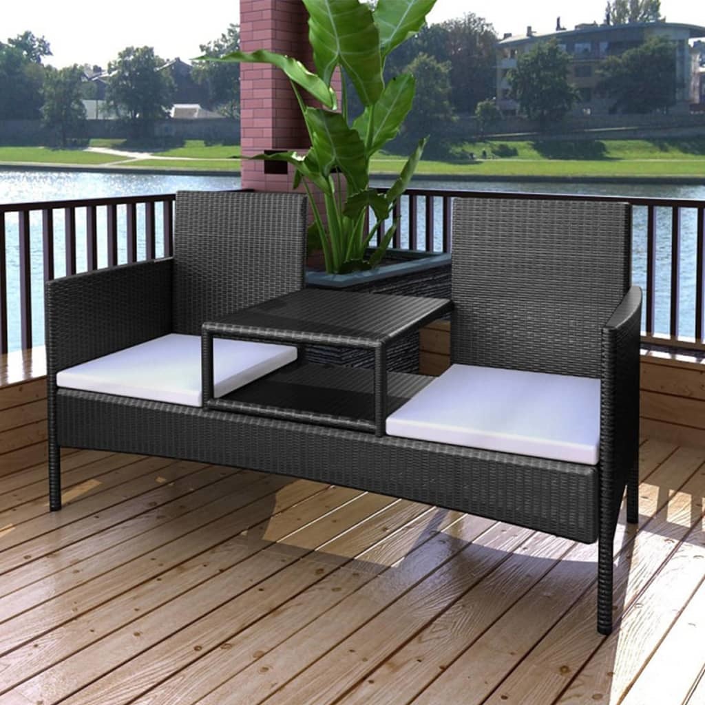 2-Seater Patio Sofa with Tea Table Poly Rattan Black