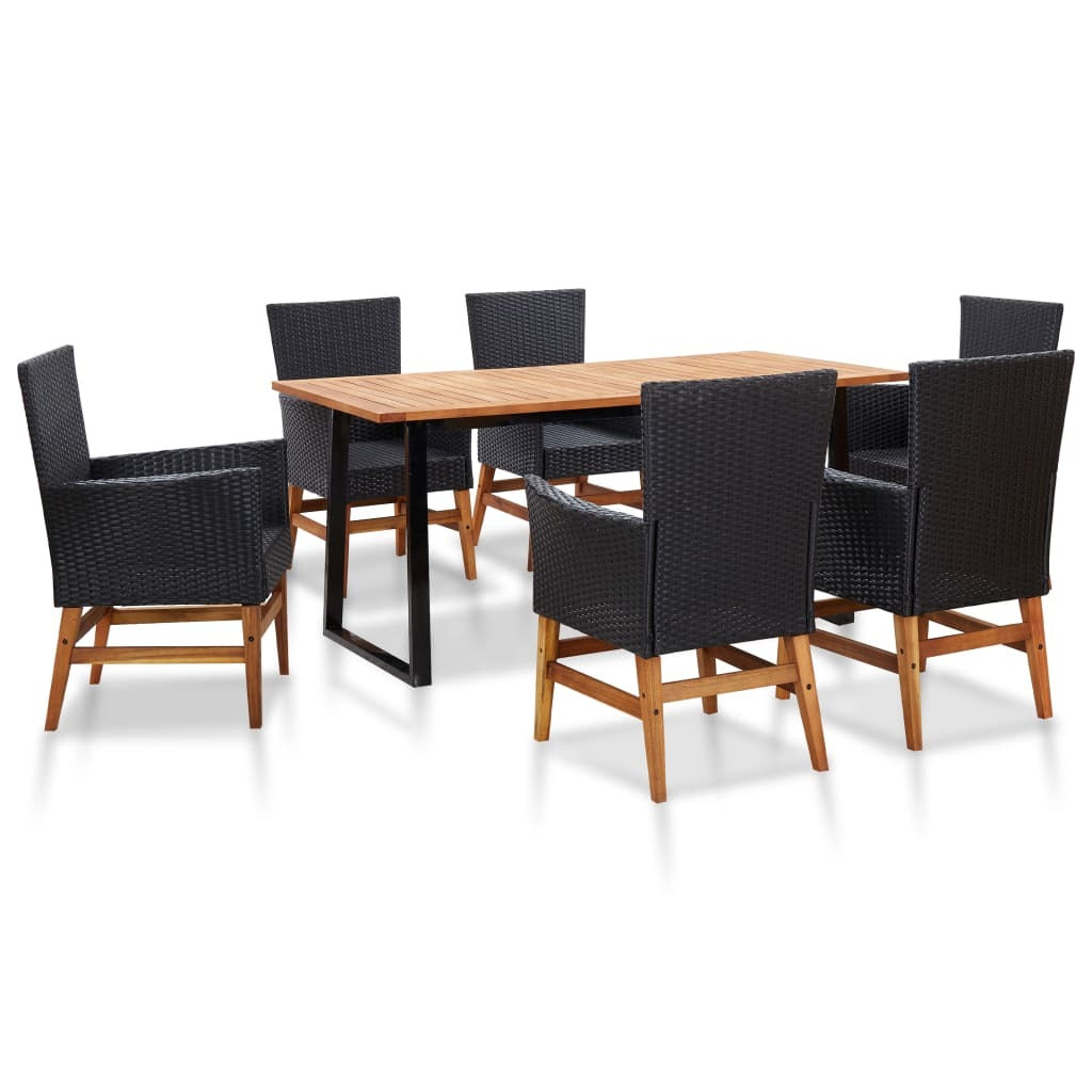 7 Piece Patio Dining Set Poly Rattan and Acacia Wood Black