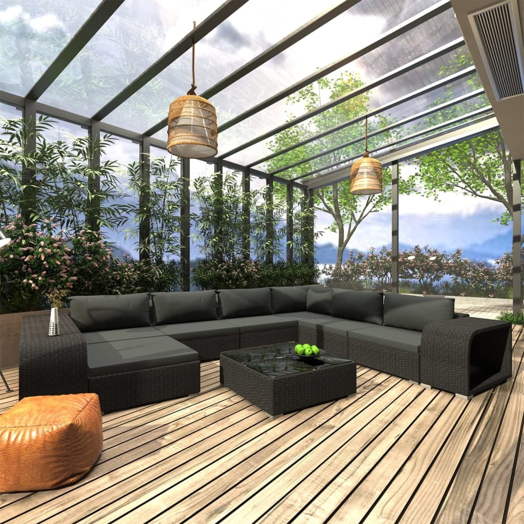 10 Piece Patio Lounge Set with Cushions Poly Rattan Black