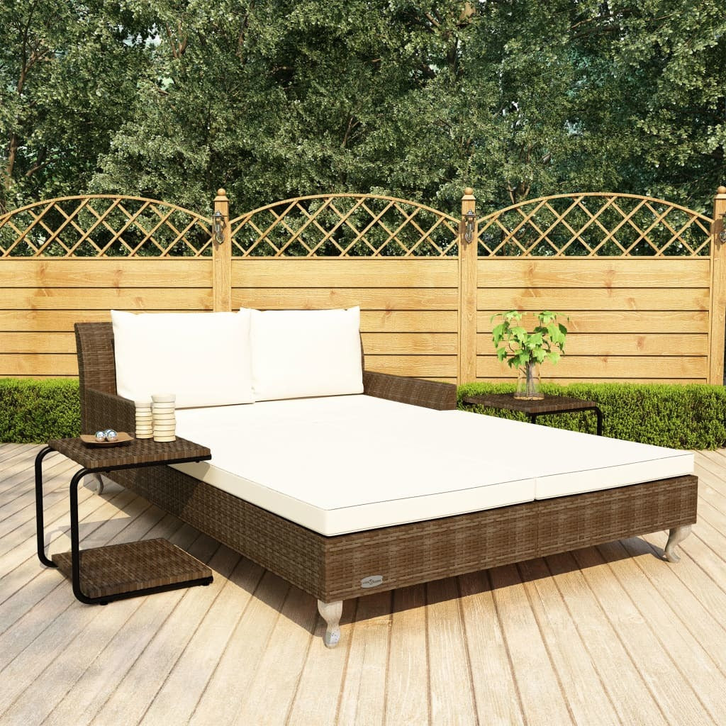 2-Person Patio Sun Bed with Cushions Poly Rattan Brown