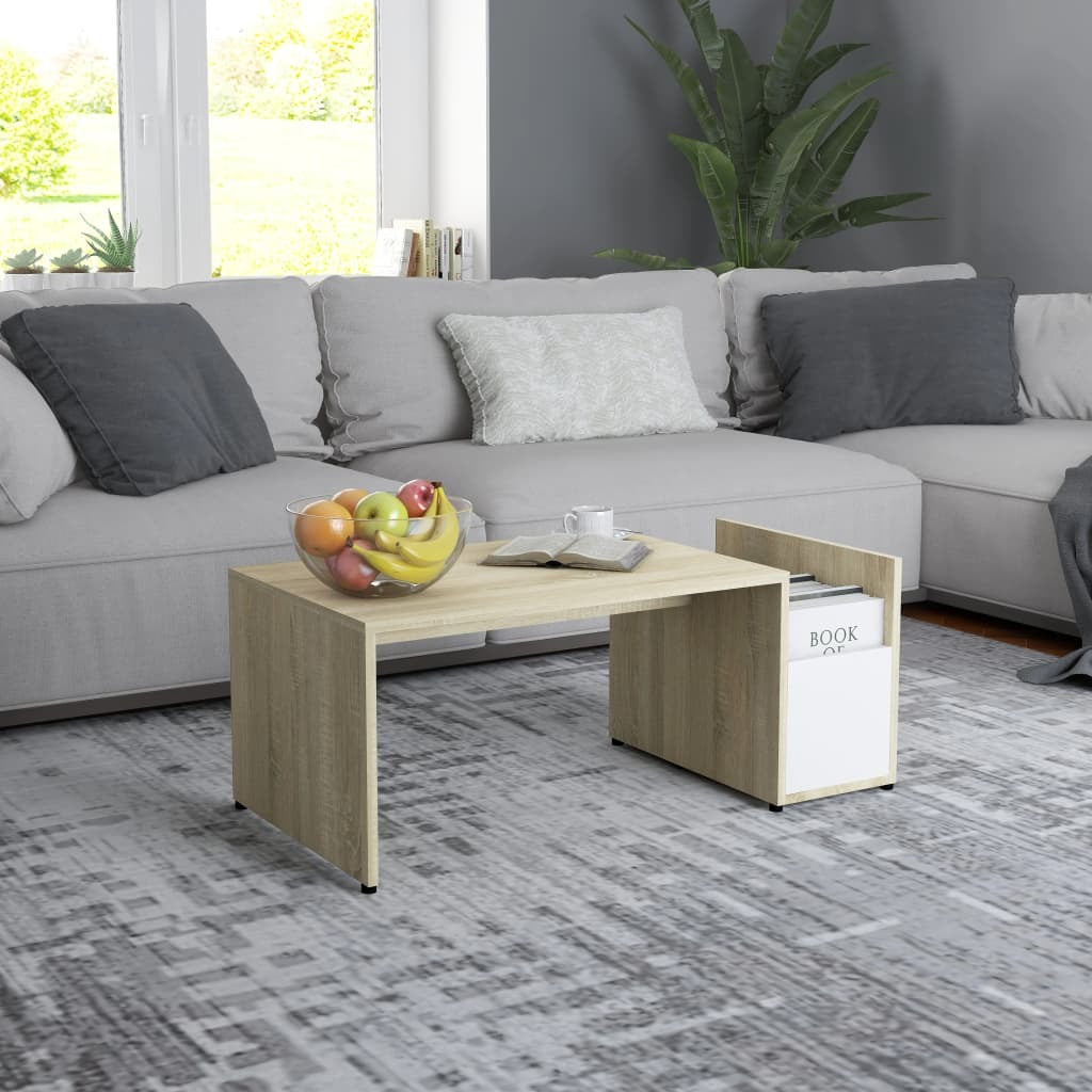 Coffee Table White and Sonoma Oak 35.4"x17.7"x13.8" Engineered Wood