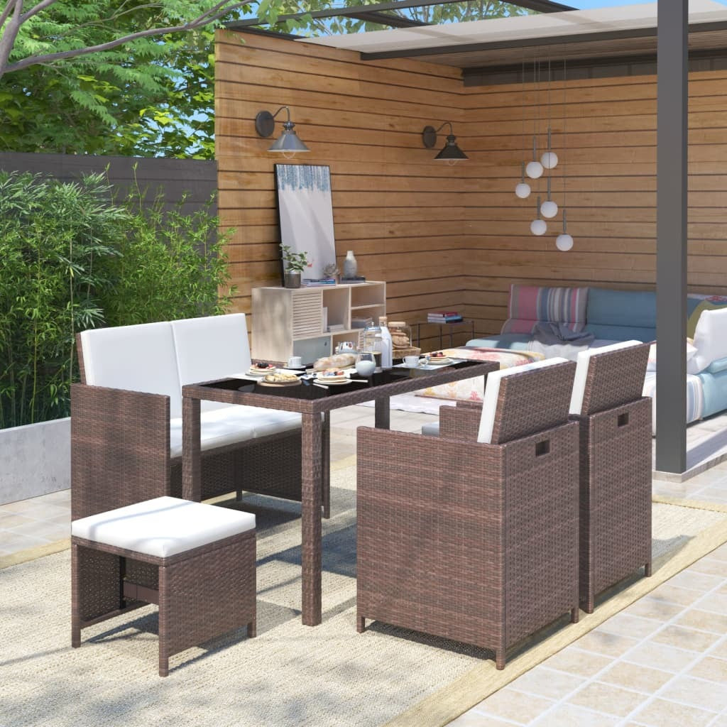 6 Piece Patio Dining Set with Cushions Poly Rattan Brown