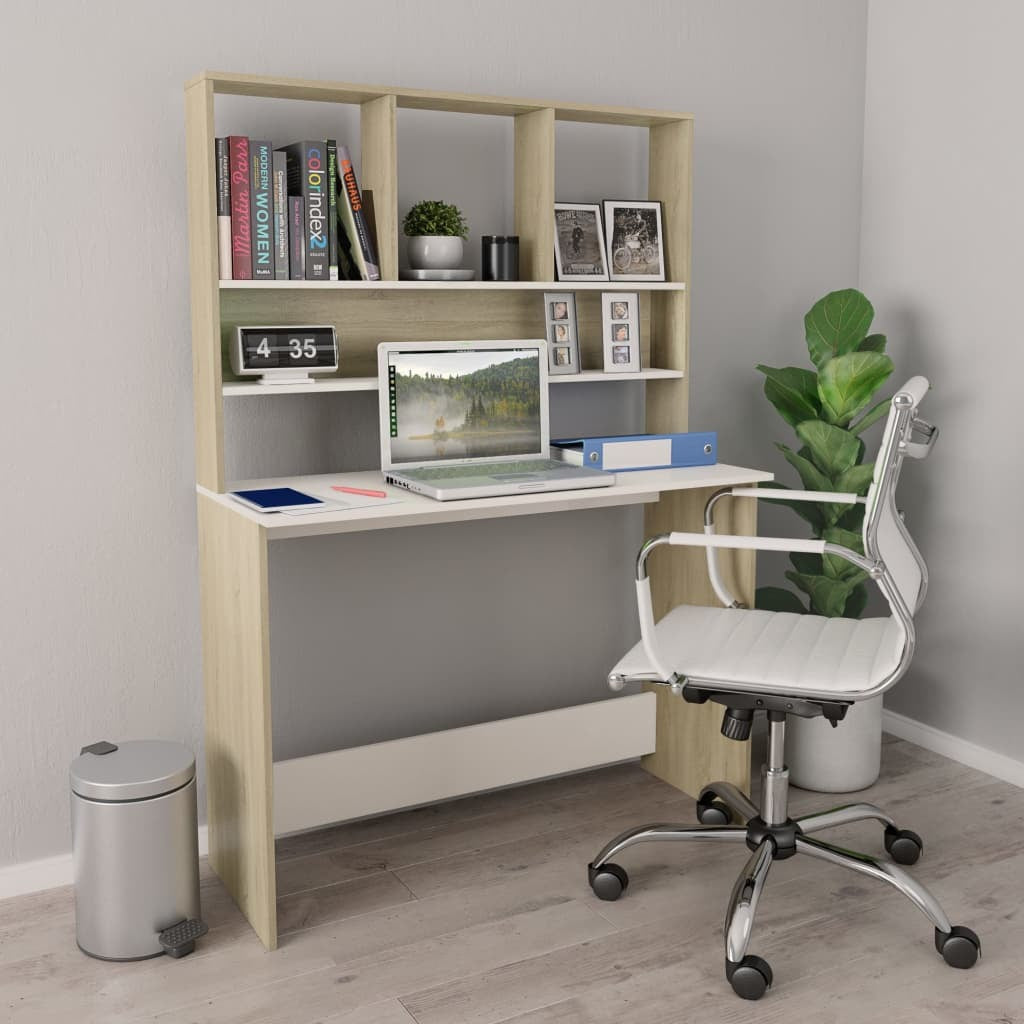 Desk with Shelves White and Sonoma Oak 43.3"x17.7"x61.8" Engineered Wood