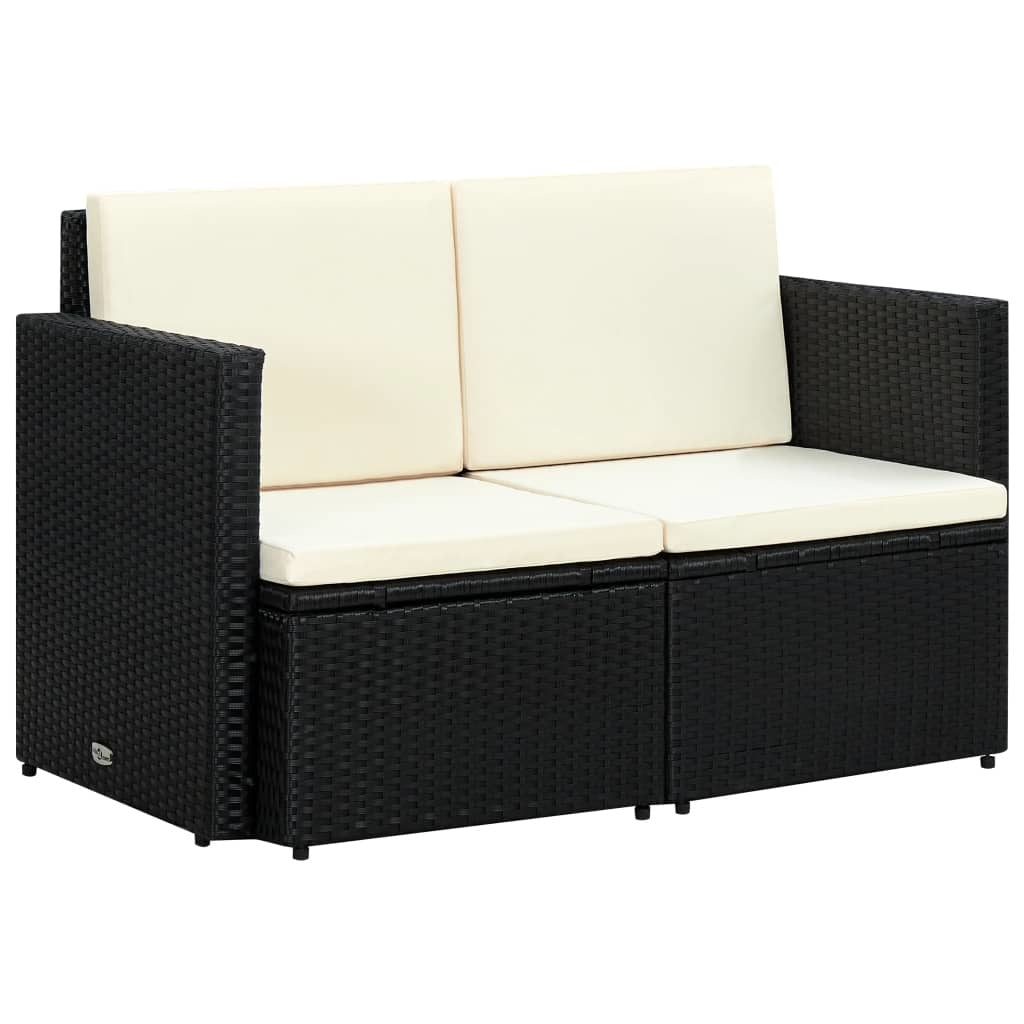 2 Seater Patio Sofa with Cushions Black Poly Rattan