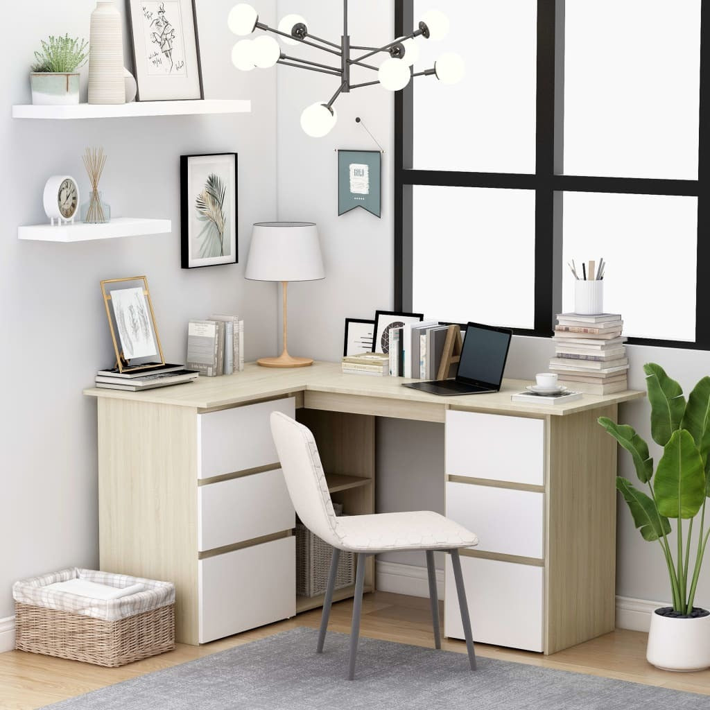 Corner Desk White and Sonoma Oak 57.1"x39.4"x29.9" Engineered Wood