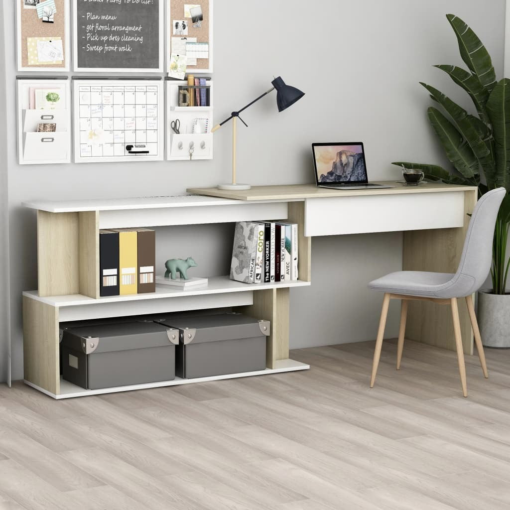 Corner Desk White and Sonoma Oak 78.7"x19.7"x29.9" Engineered Wood