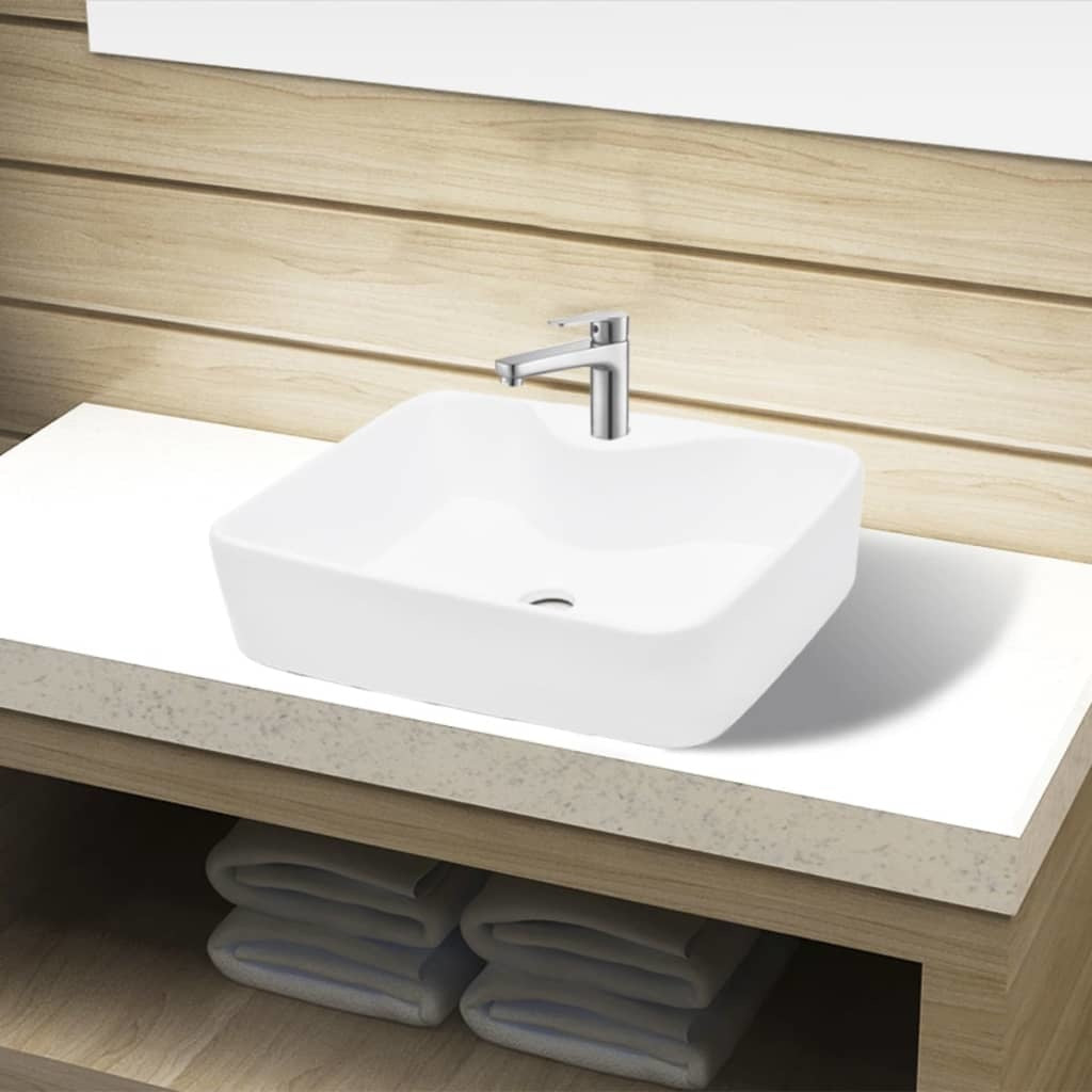 Ceramic Bathroom Sink Basin with Faucet Hole White Square