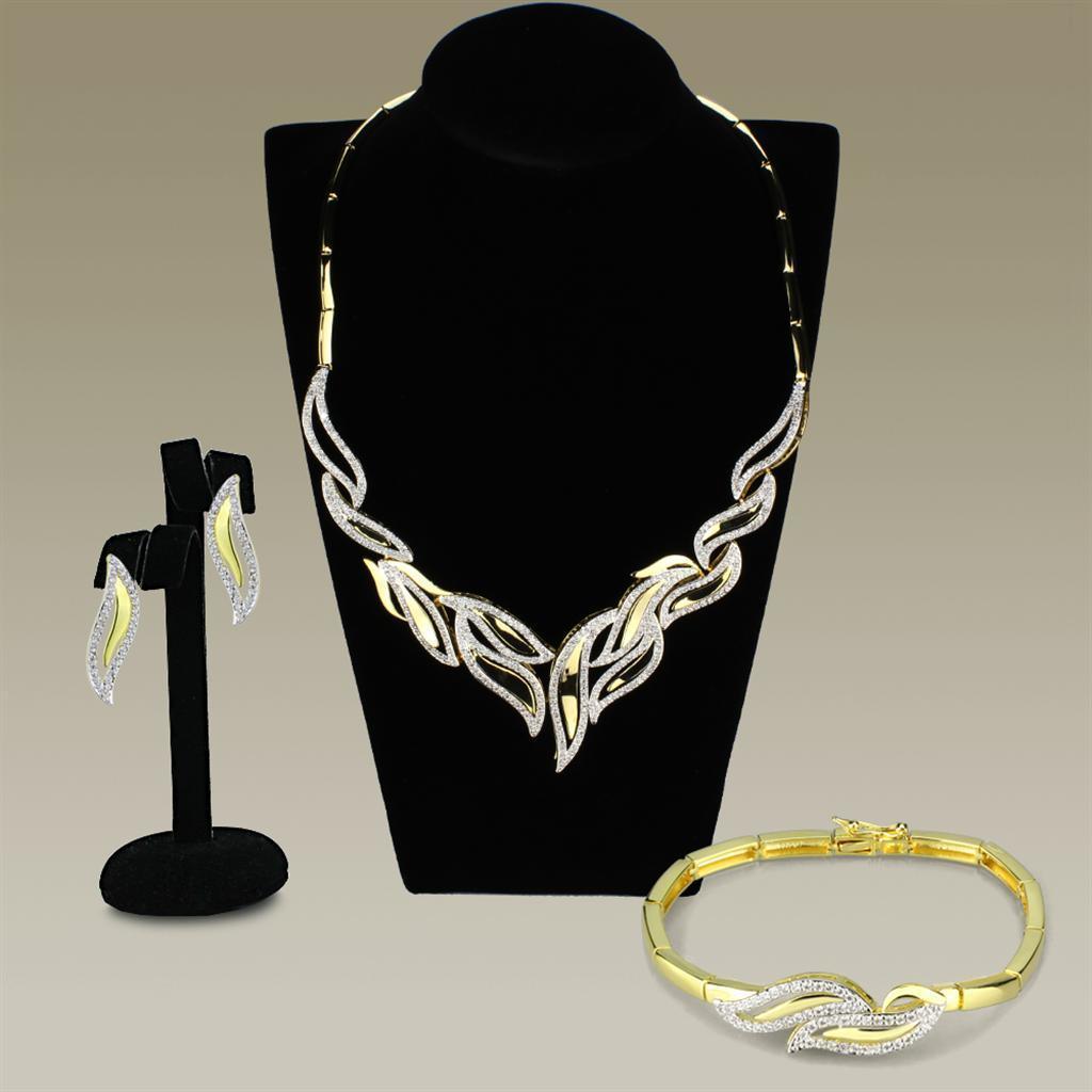 3W941 - Gold+Rhodium Brass Jewelry Sets with AAA Grade CZ in Clear