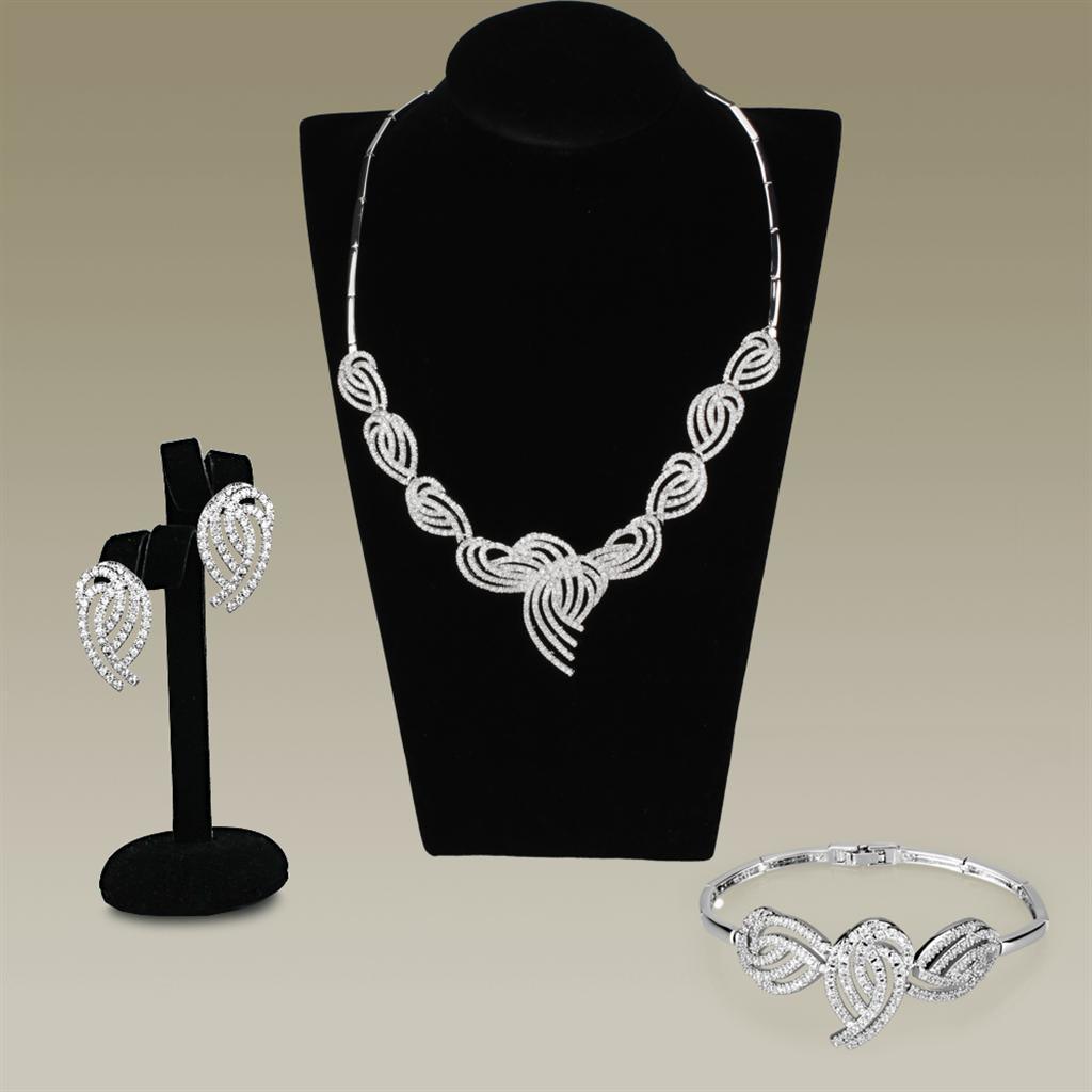 3W923 - Rhodium Brass Jewelry Sets with AAA Grade CZ in Clear