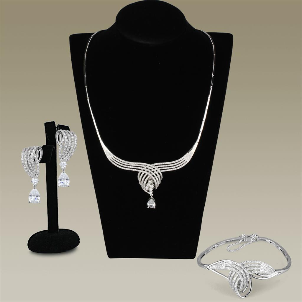 3W924 - Rhodium Brass Jewelry Sets with AAA Grade CZ in Clear