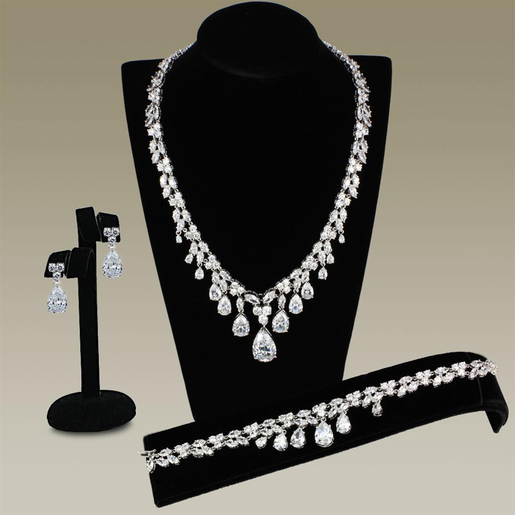 3W925 - Rhodium Brass Jewelry Sets with AAA Grade CZ in Clear