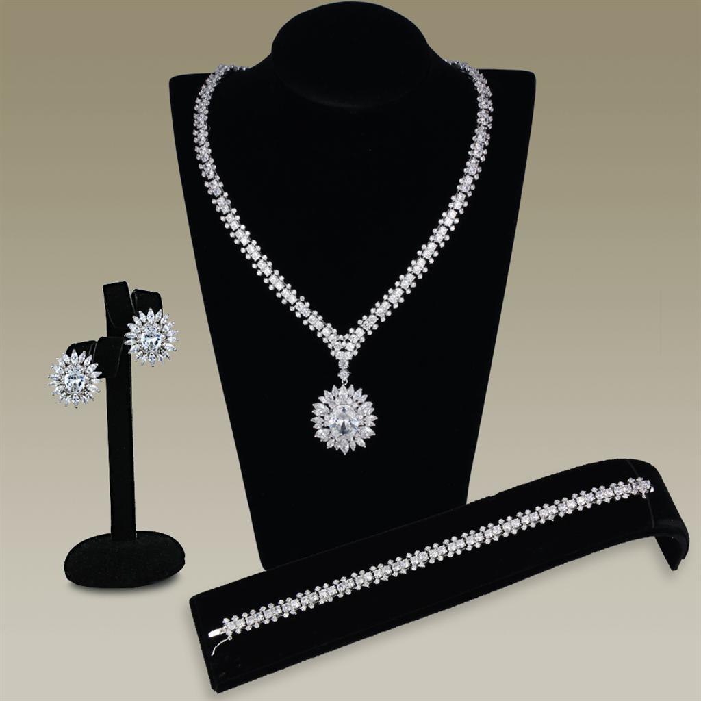 3W927 - Rhodium Brass Jewelry Sets with AAA Grade CZ in Clear