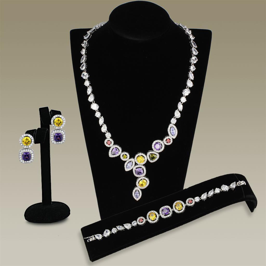 3W930 - Rhodium Brass Jewelry Sets with AAA Grade CZ in Multi Color