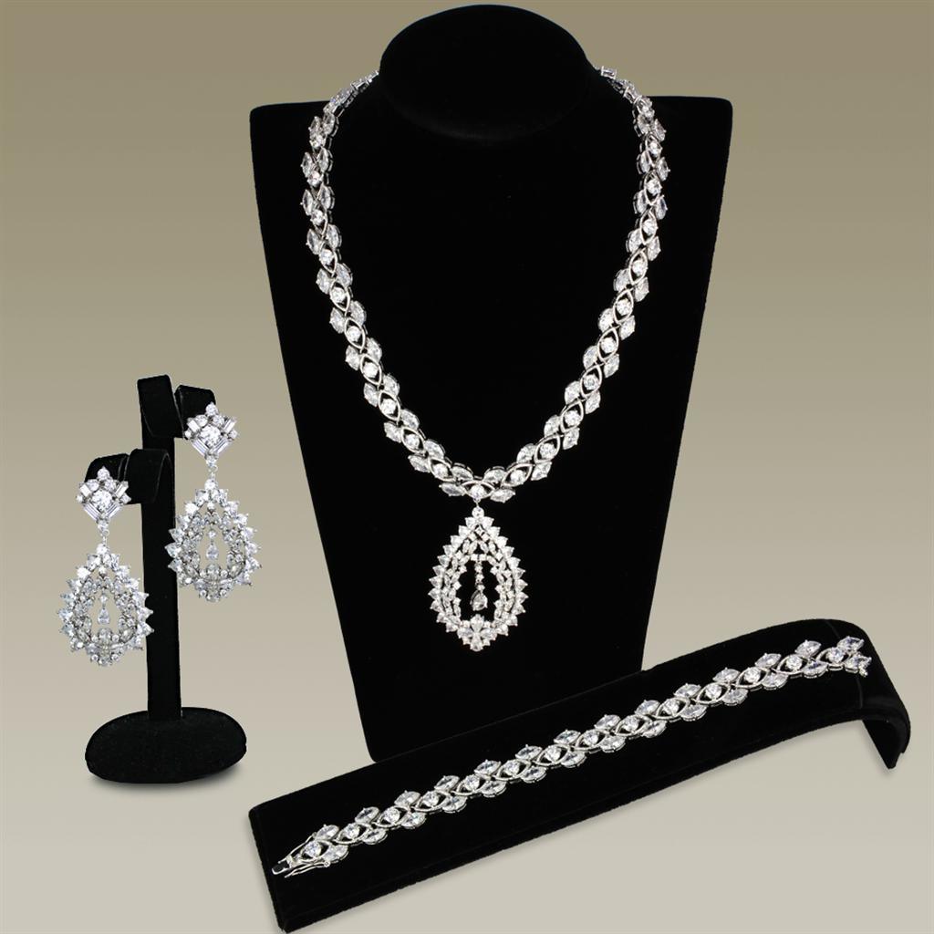 3W933 - Rhodium Brass Jewelry Sets with AAA Grade CZ in Clear