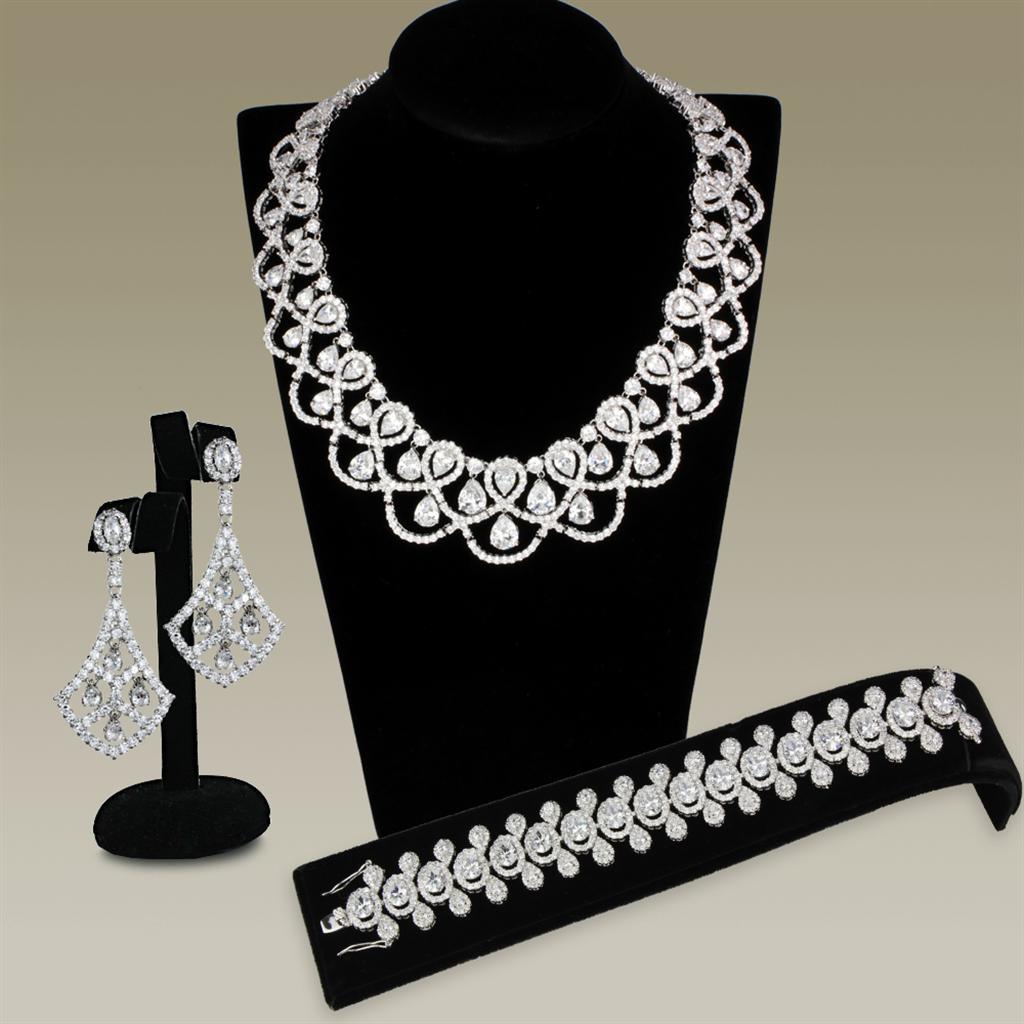 3W931 - Rhodium Brass Jewelry Sets with AAA Grade CZ in Clear