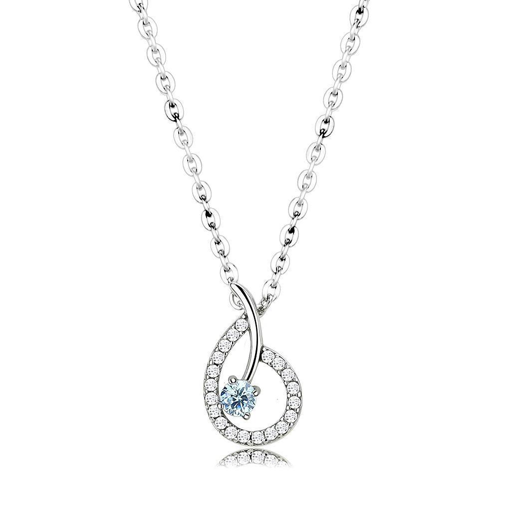 DA090 - High polished (no plating) Stainless Steel Chain Pendant with AAA Grade CZ in Sea Blue