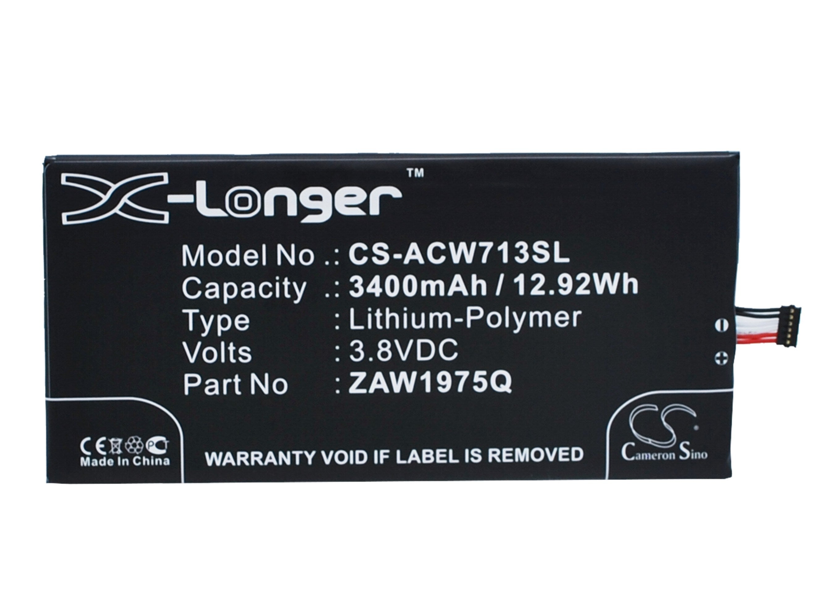 3400mAh Battery - CS-ACW713SL / Li-Polymer / Volts: 3.8