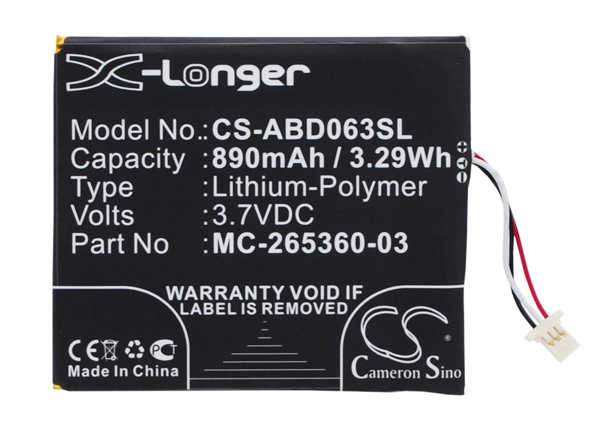 890mAh Battery - CS-ABD063SL / Li-Polymer / Volts: 3.7