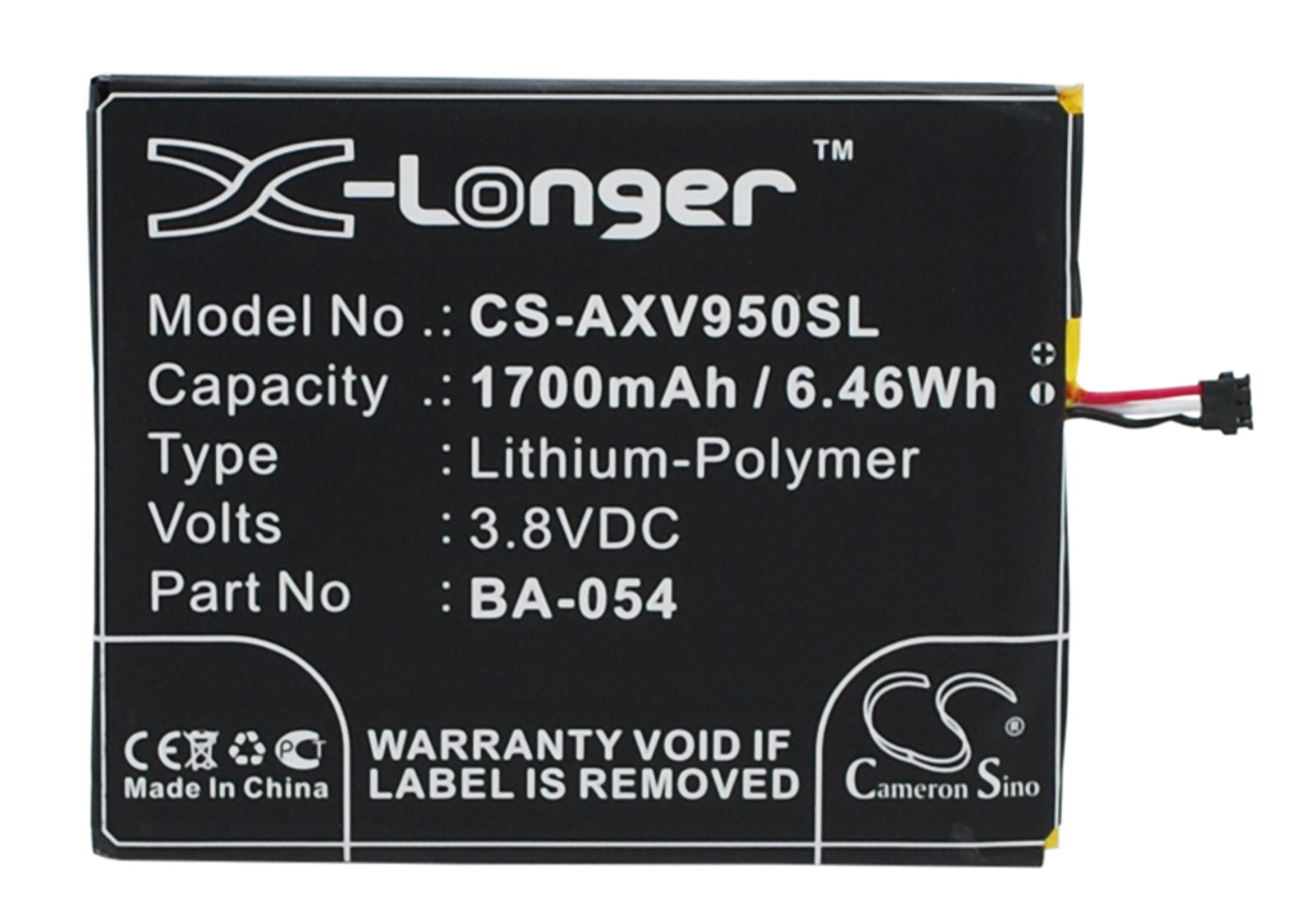 1700mAh Battery - CS-AXV950SL / Li-Polymer / Volts: 3.8