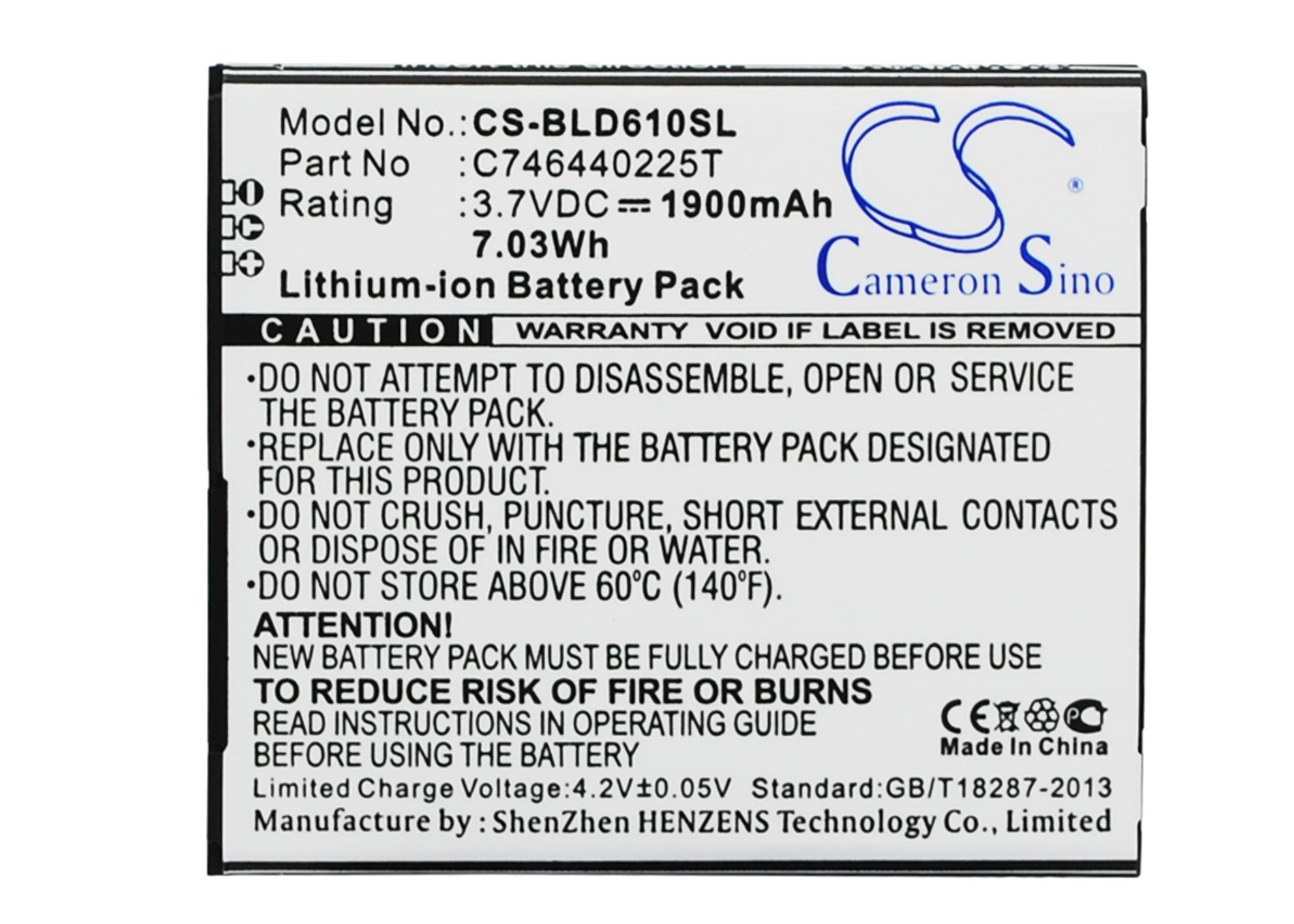 1900mAh Battery - CS-BLD610SL / Li-ion / Volts: 3.7