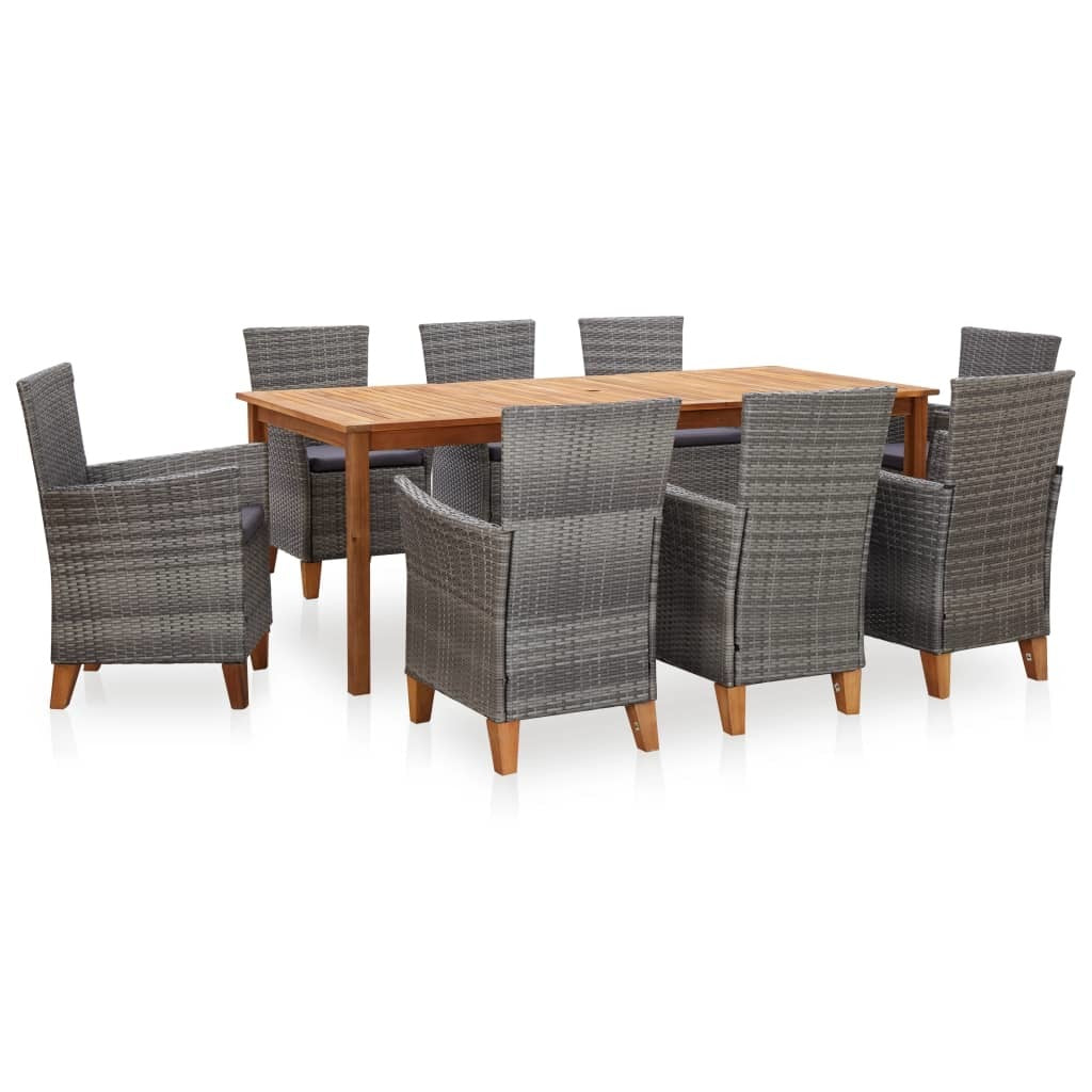 9 Piece Dining Set Poly Rattan and Solid Acacia Wood Gray