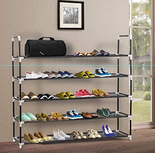 Simple Assembly 5 Tiers Non-woven Fabric Shoe Rack with Handle Black RT