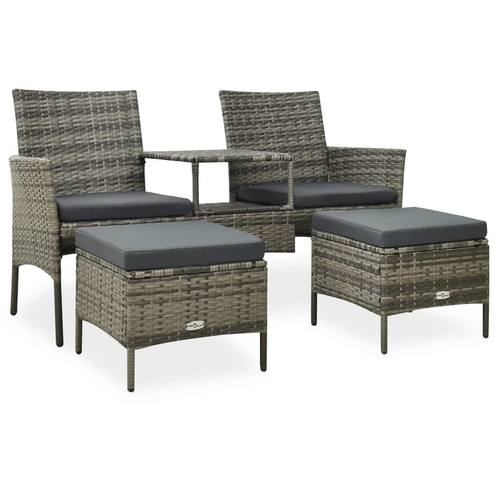 2-Seater Patio Sofa with Tea Table & Stools Poly Rattan Gray