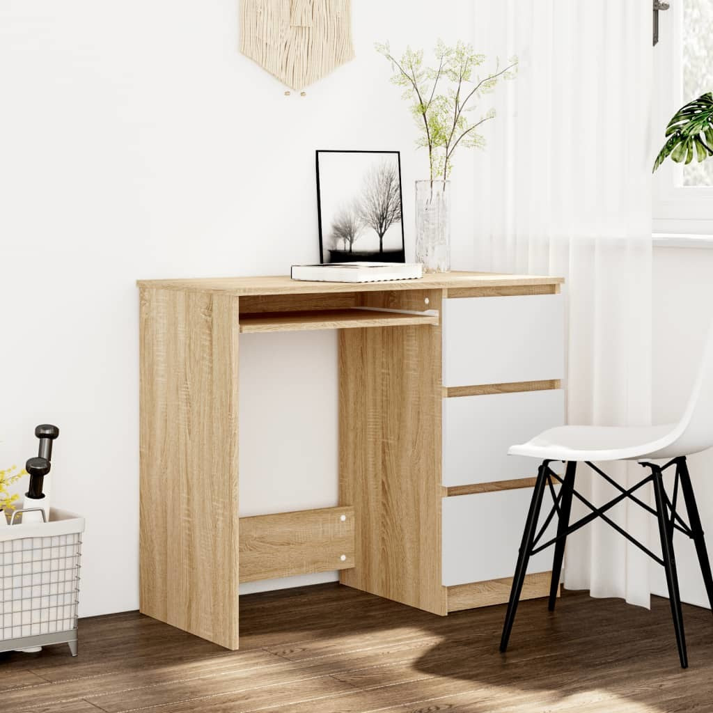 Desk White and Sonoma Oak 35.4"x17.7"x29.9" Engineered Wood