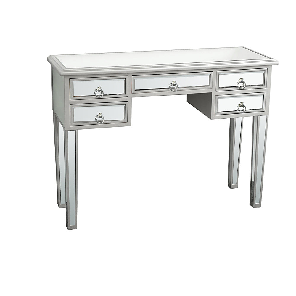 Mirrored Desk Console Table,Unique Modern Decorative Design Mirrored Desk Home Console Table Bedroom Vanity Make-up Table with 5 Drawer,Silver