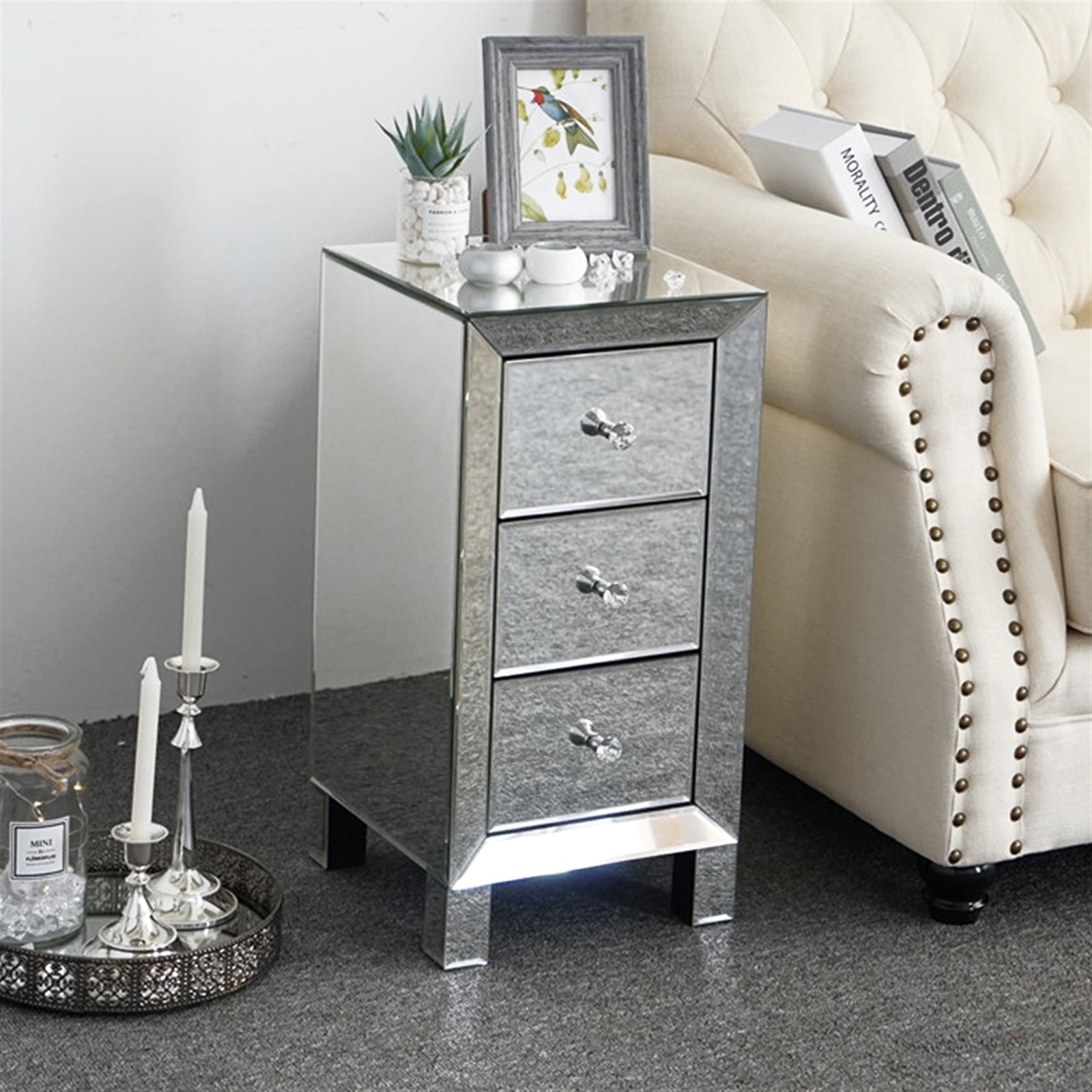 3-Drawer Mirrored Nightstand End Tables Bedside Table for Bedroom, Living Room, Silver