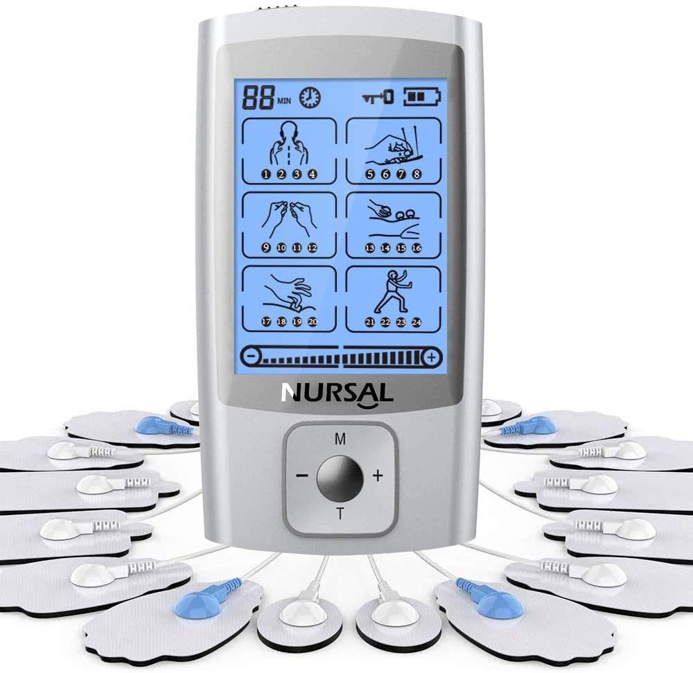 NURSAL EMS TENS Unit Muscle Stimulator, 24 Modes Rechargeable Electric Pulse Muscle Massager for Pain Relief (16 Thicker Pads)