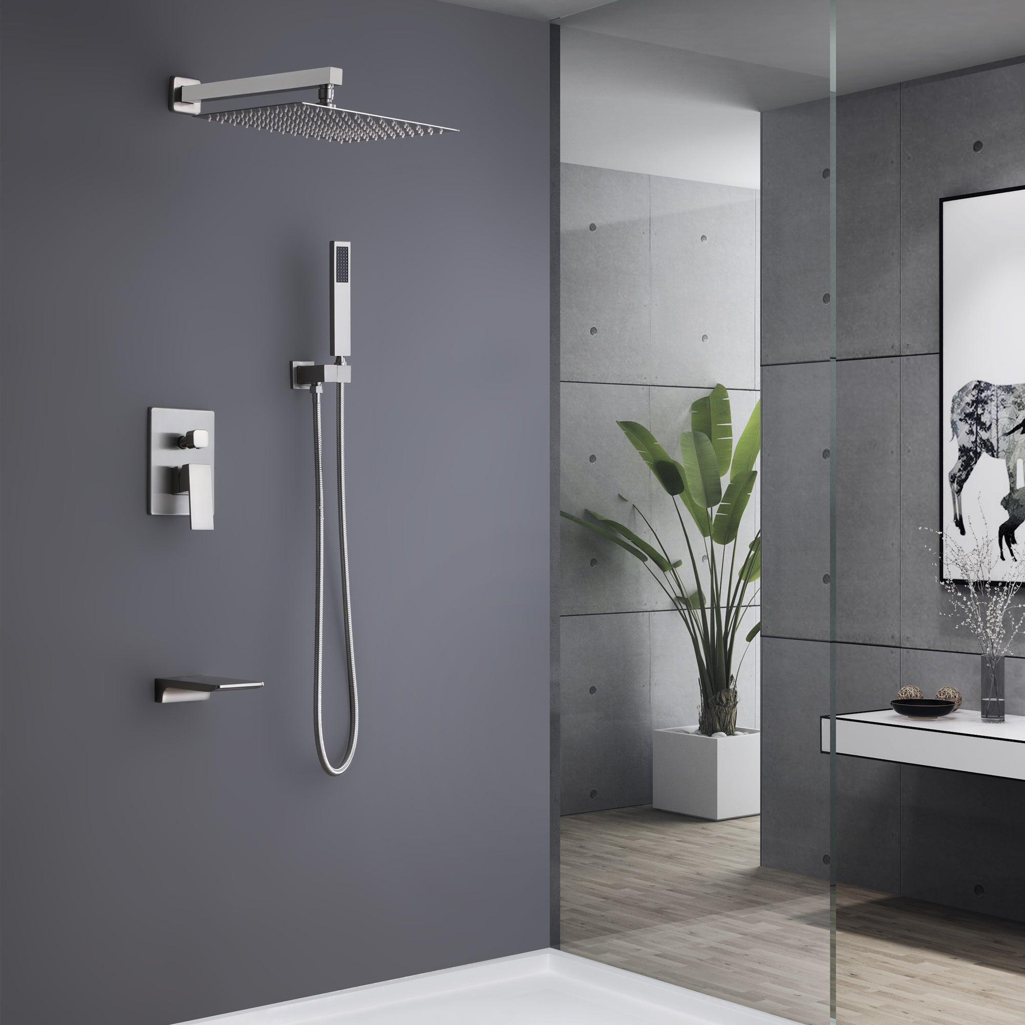 Trustmade Wall Mounted Square Rainfall Pressure Balanced Complteted Shower System with Rough-in Valve, 3 Function, 10 inches - 3W02