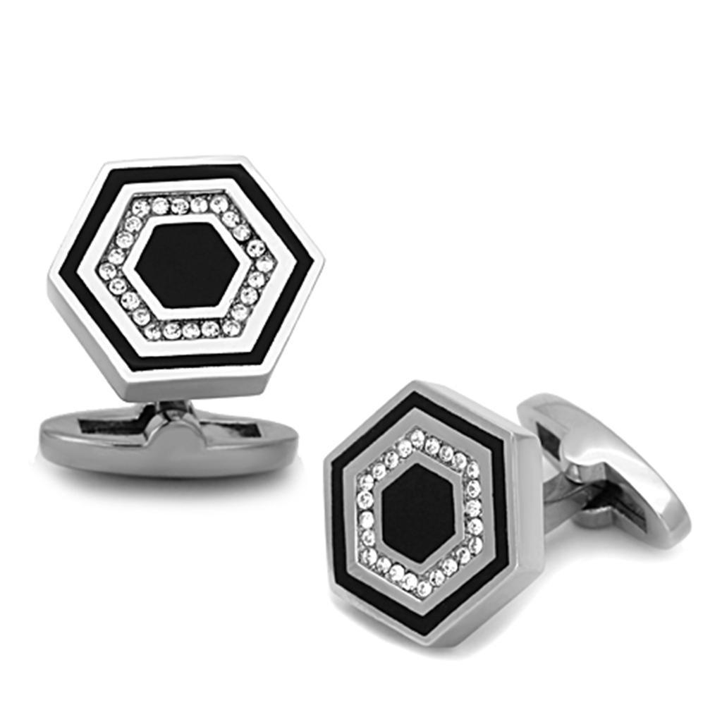 TK1262 - High polished (no plating) Stainless Steel Cufflink with Top Grade Crystal in Clear