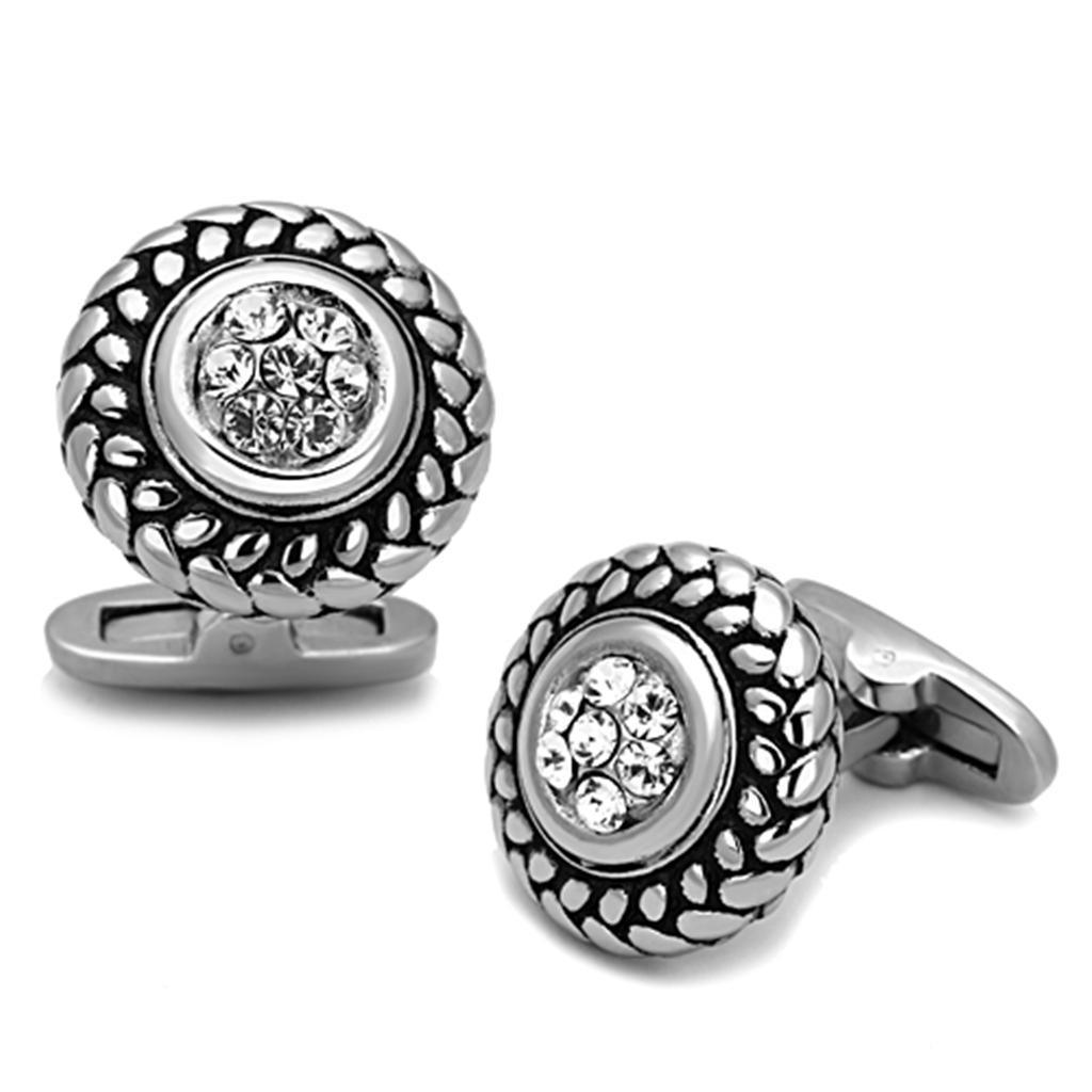 TK1261 - High polished (no plating) Stainless Steel Cufflink with Top Grade Crystal in Clear