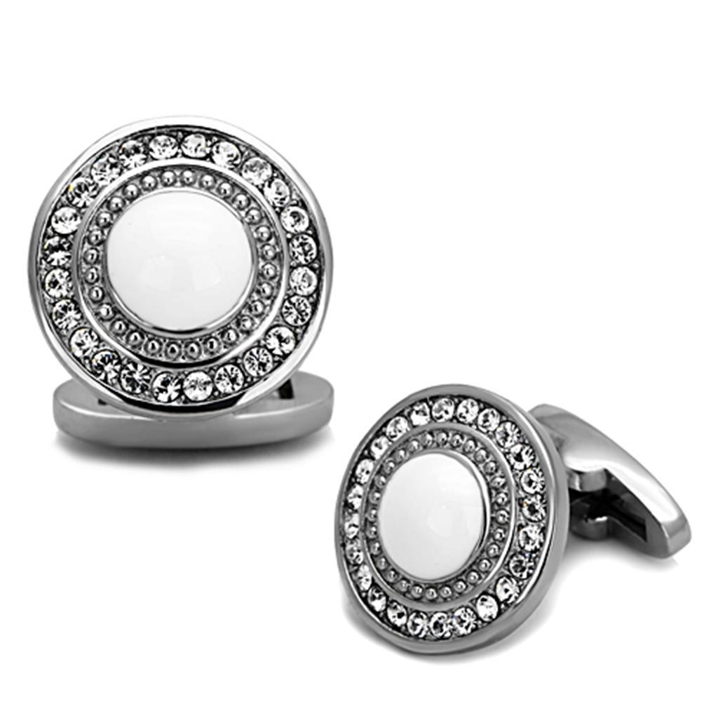 TK1273 - High polished (no plating) Stainless Steel Cufflink with Top Grade Crystal in Clear