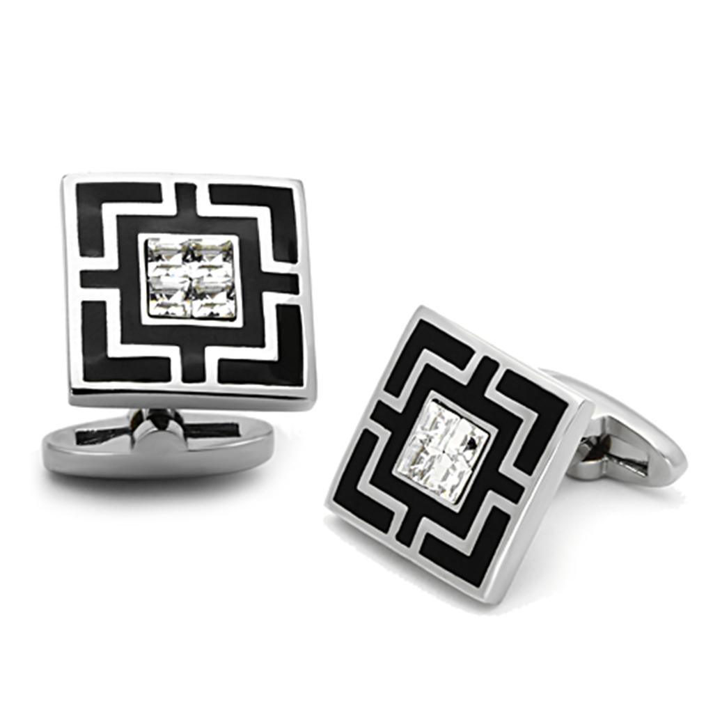 TK1267 - High polished (no plating) Stainless Steel Cufflink with Top Grade Crystal in Clear