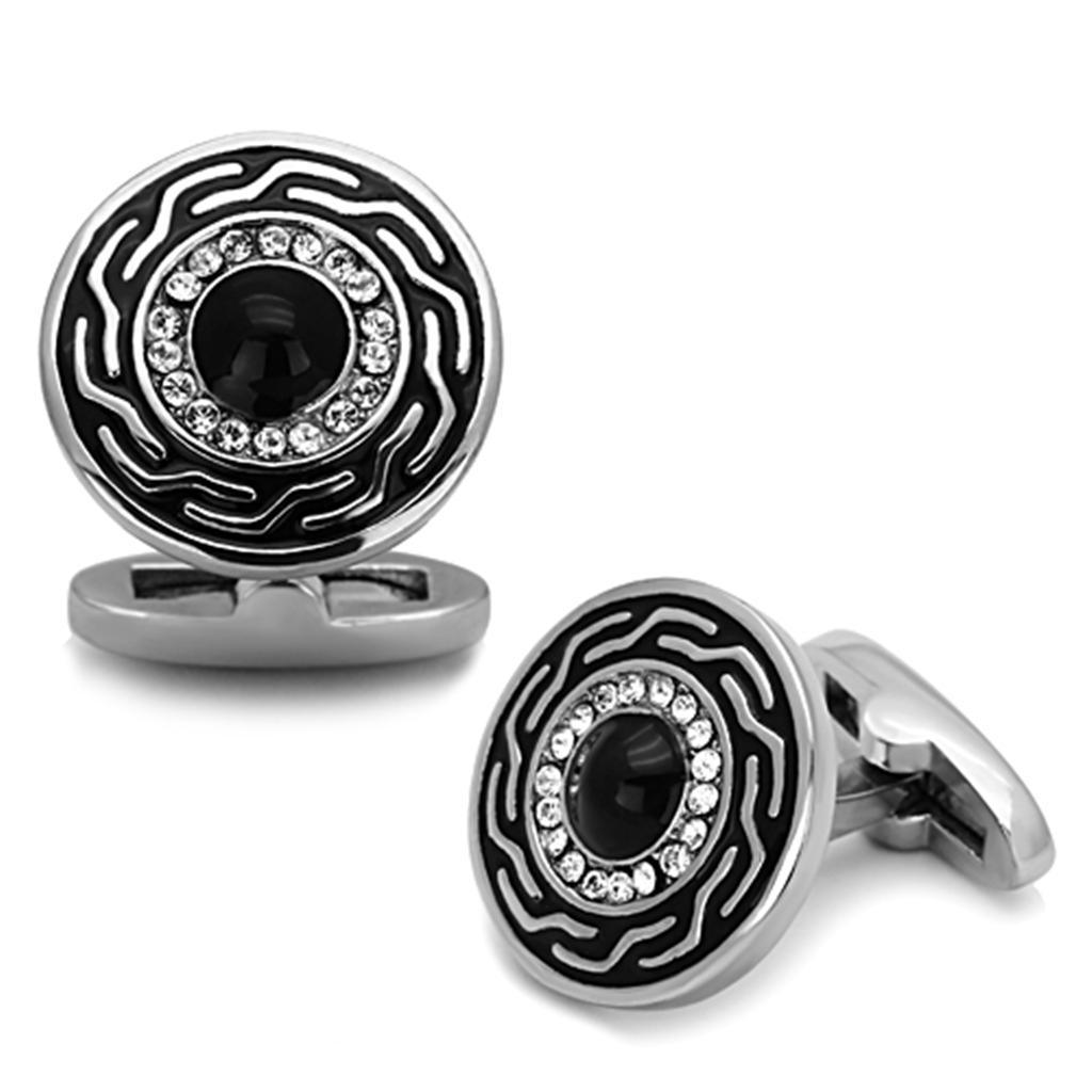 TK1264 - High polished (no plating) Stainless Steel Cufflink with Top Grade Crystal in Clear