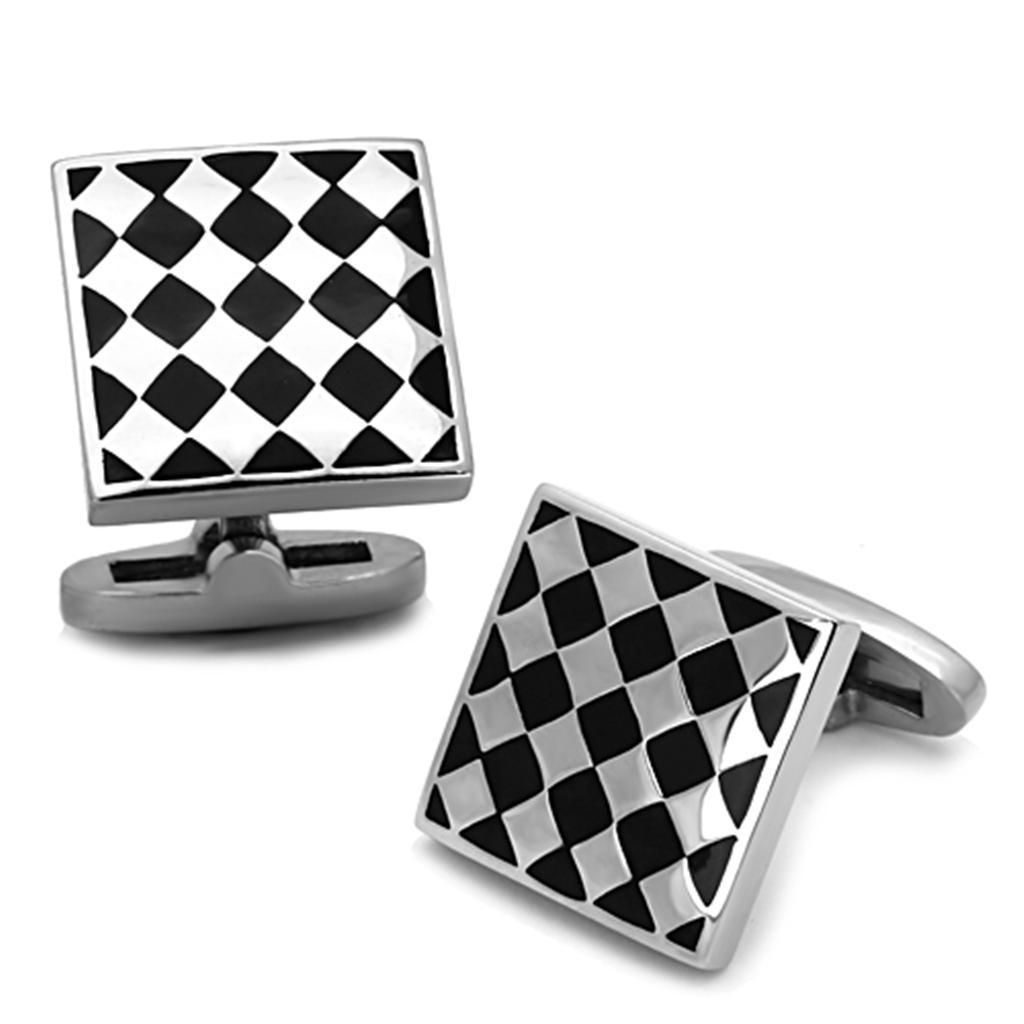 TK1270 - High polished (no plating) Stainless Steel Cufflink with Epoxy in Jet