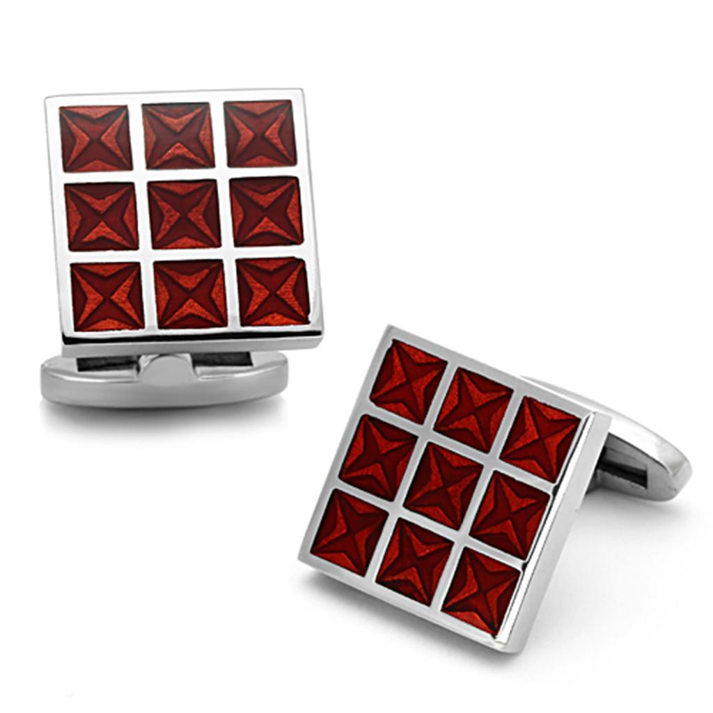 TK1272 - High polished (no plating) Stainless Steel Cufflink with Epoxy in Garnet