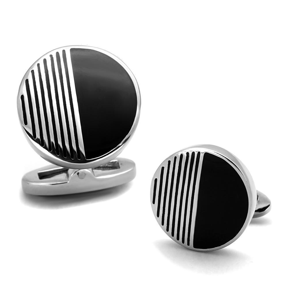 TK1654 - High polished (no plating) Stainless Steel Cufflink with Epoxy in Jet