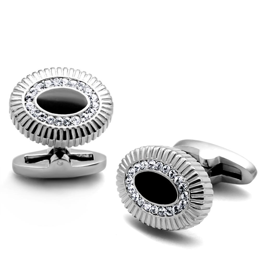 TK1656 - High polished (no plating) Stainless Steel Cufflink with Top Grade Crystal in Clear