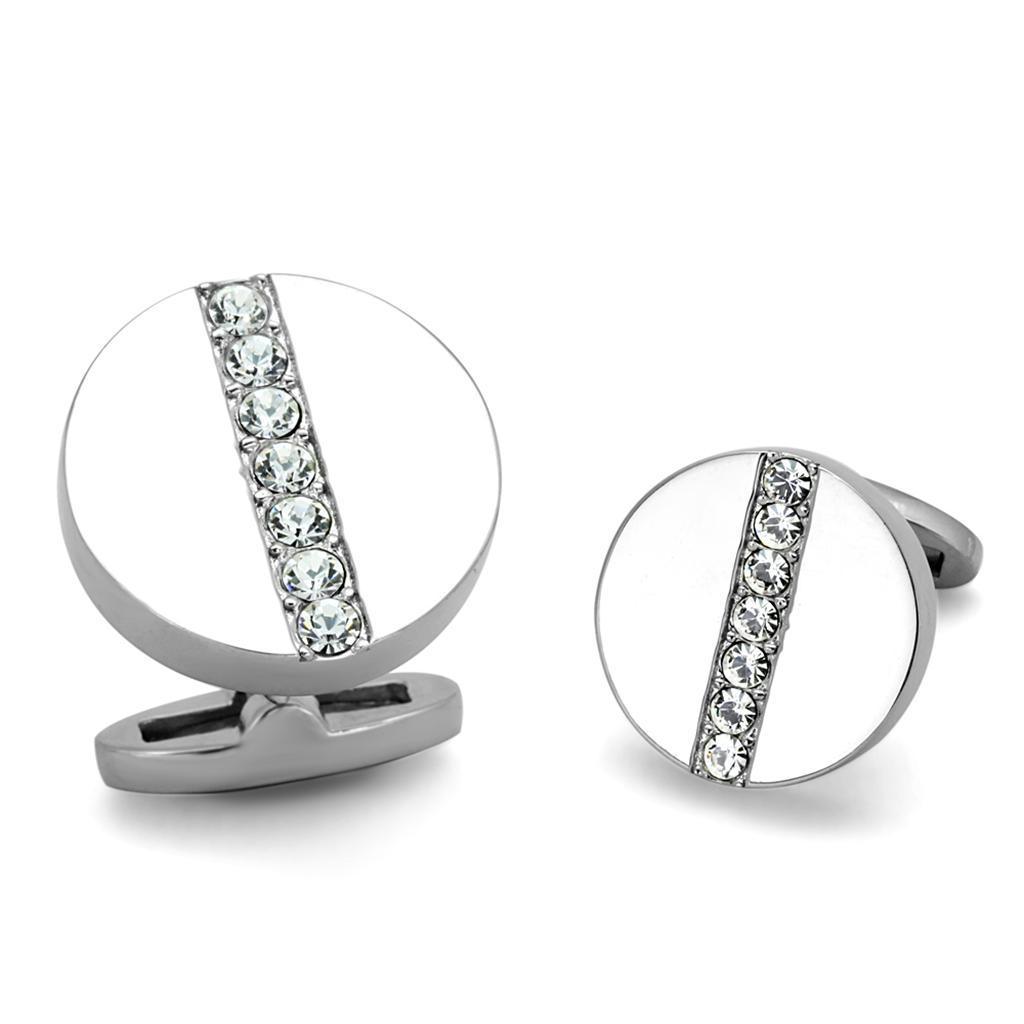 TK1657 - High polished (no plating) Stainless Steel Cufflink with Top Grade Crystal in Clear