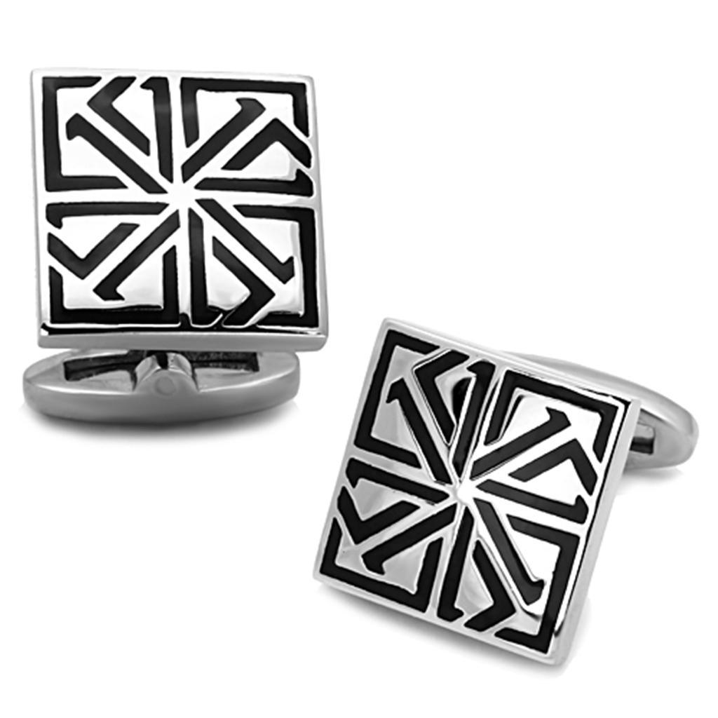 TK1253 - High polished (no plating) Stainless Steel Cufflink with Epoxy in Jet