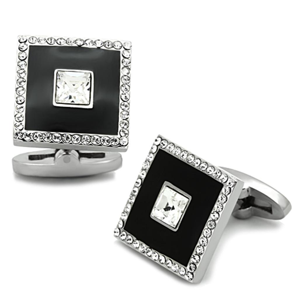 TK1242 - High polished (no plating) Stainless Steel Cufflink with Top Grade Crystal in Clear